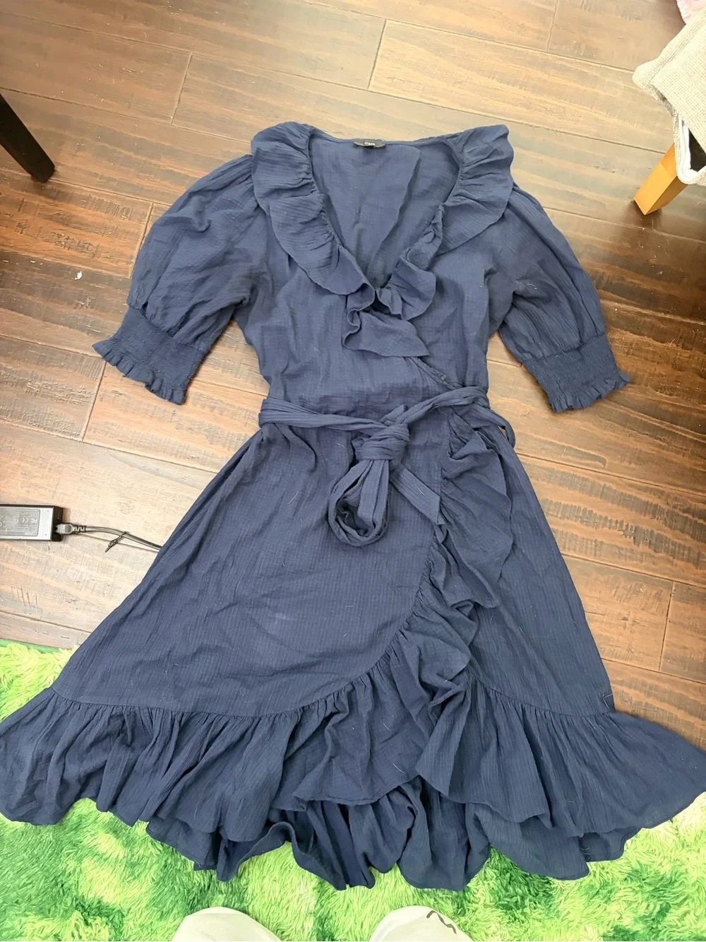 J. Crew Navy Midi Dress Ruffle Tie Waist